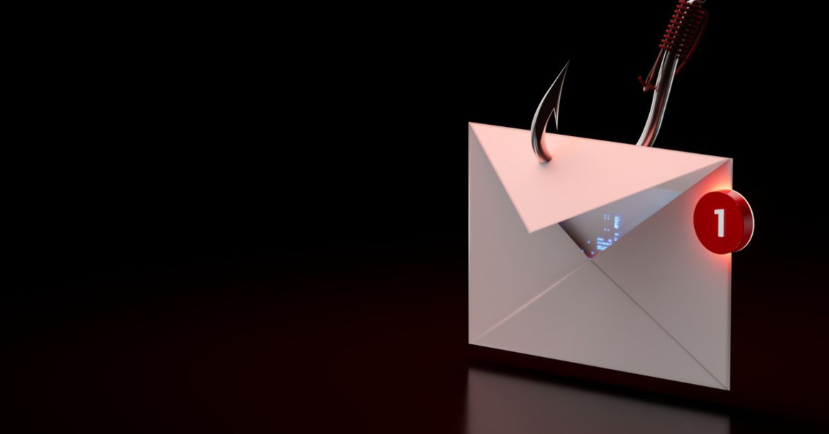 A white envelope with a red notification badge and a fish hook piercing it, symbolizing phishing scams.