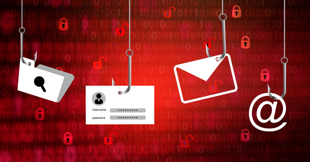 Four hooks with icons hang over a red background with binary code and lock symbols, illustrating phishing threats like fake emails and login forms.