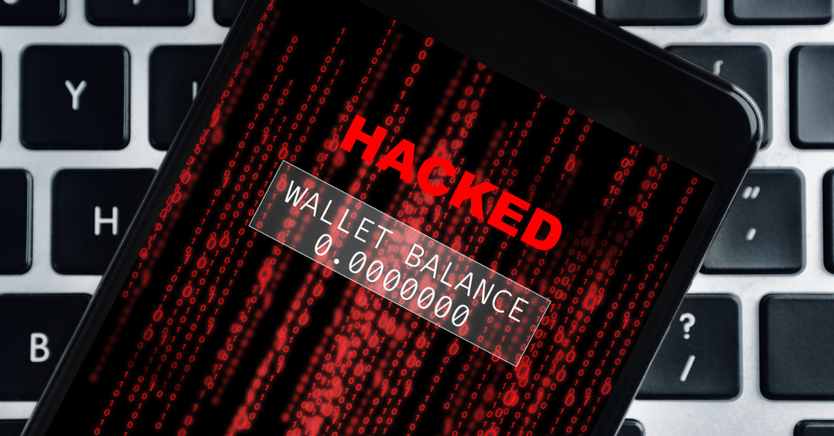 A smartphone screen shows "HACKED" in red over binary code suggesting cybersecurity issues and loss.