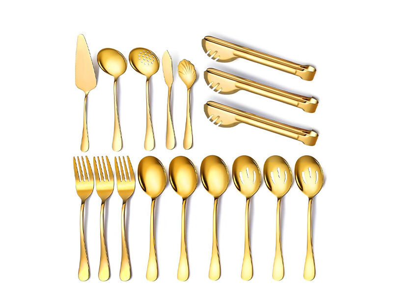 View of a gold utensil set from above.