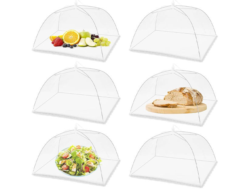A set of six white mesh pop-up food covers shaped like domes or tents, shown protecting various items like a bowl of salad, a loaf of bread, and a platter of fresh fruit.