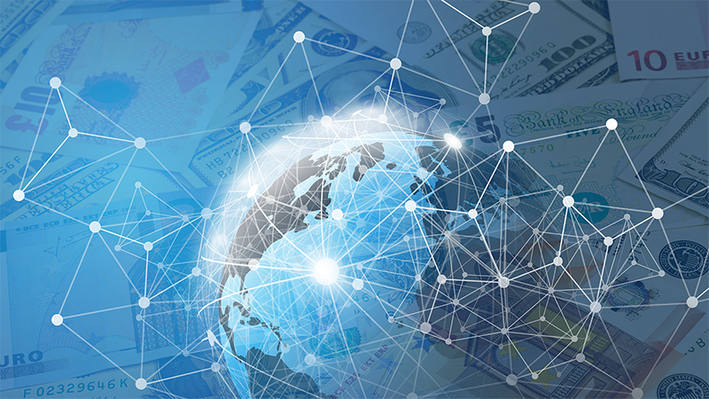 Image Global network centered around North America with different world currencies in the background.