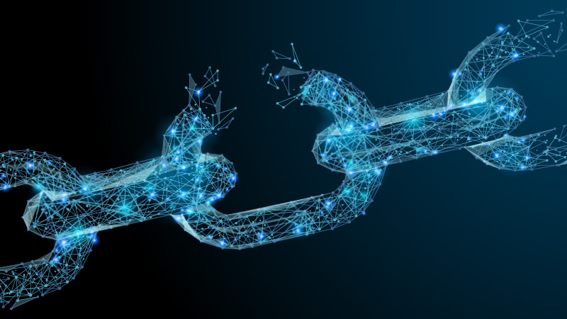 Image Digital chain, made from a network of blue points and lines, breaks at weak link.