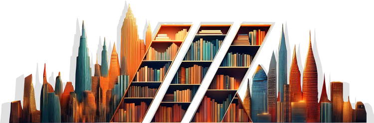 three tall paralellogram bookshelves tower among abstract city skyline