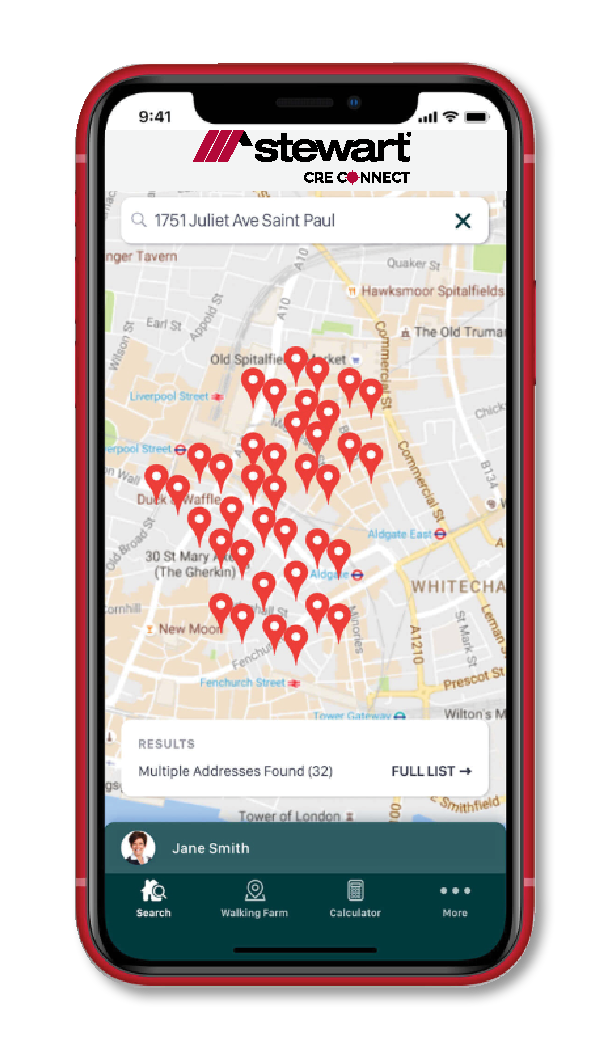 Mobile phone displaying map view of Stewart CRE Connect app