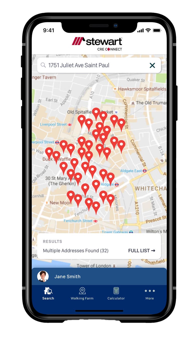 Mobile phone displaying map view of Stewart CRE Connect app