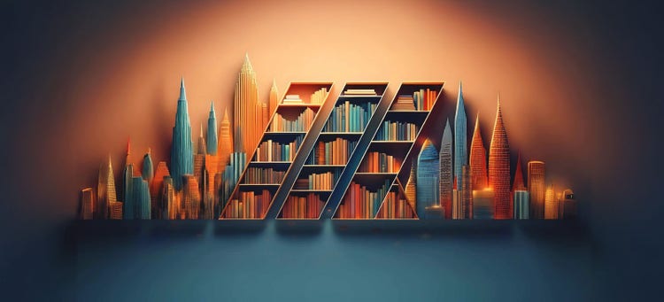 three tall paralellogram bookshelves tower among abstract city skyline