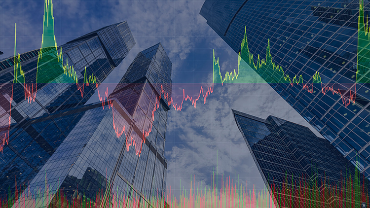 Commercial glass buildings with superimposed line graphs.
