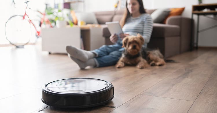 Young woman using portable device to control robot vaccum cleaner.