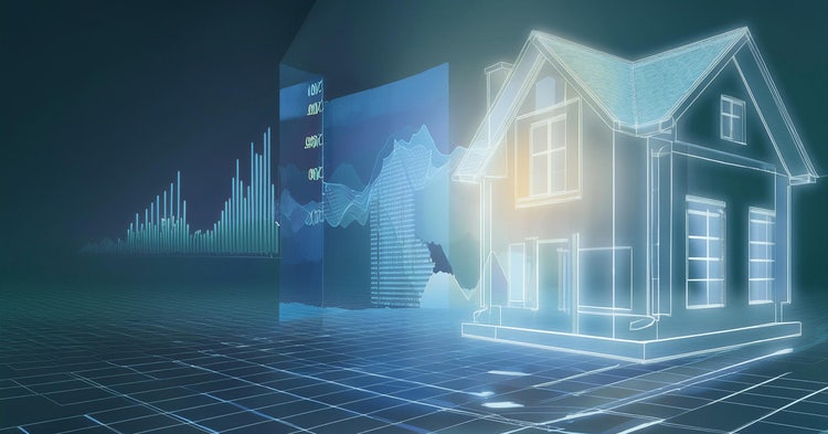 Linear rendering of a house among financial charts and graphs