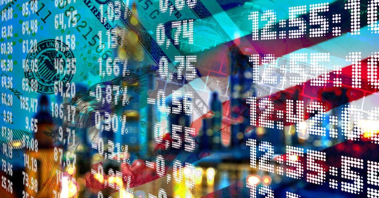 Numeric data, USA flag and city buildings