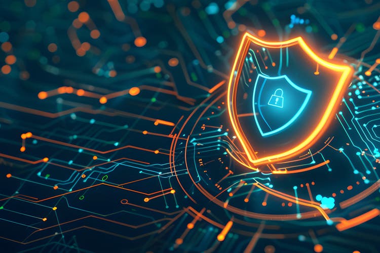 Cybersecurity Shield: A digital shield glows with vibrant blue and orange hues, symbolizing robust protection within a complex network of circuits. It evokes a sense of security, resilience