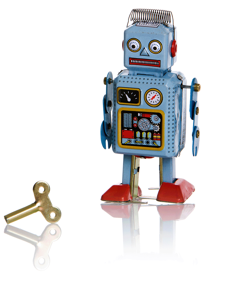 Windup tin toy robot has is separated from wind key appears to be in a helpless state.