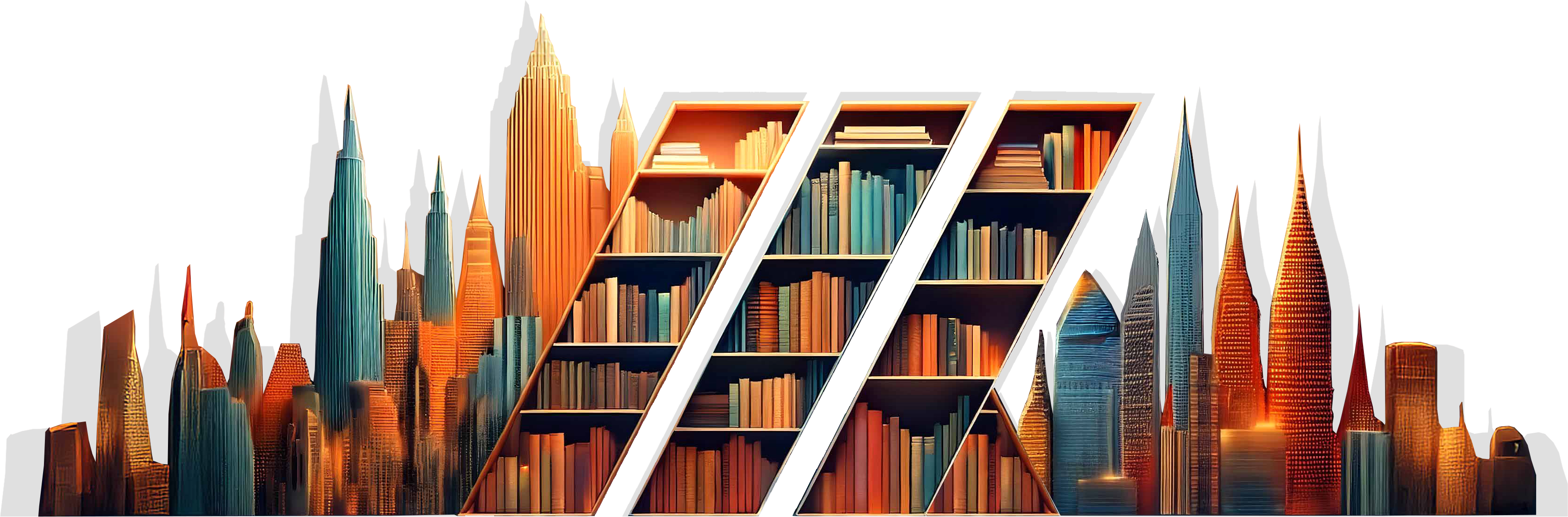 tres estantes de libros altos en paralelogramas en una torre de horizontes urbanos abstractos