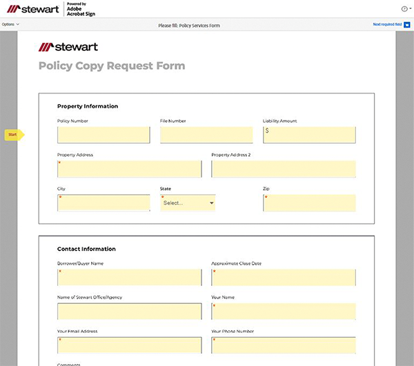 Formulario de solicitud de copia de la política de Adobe Sign - Paso 1 Completar el formulario