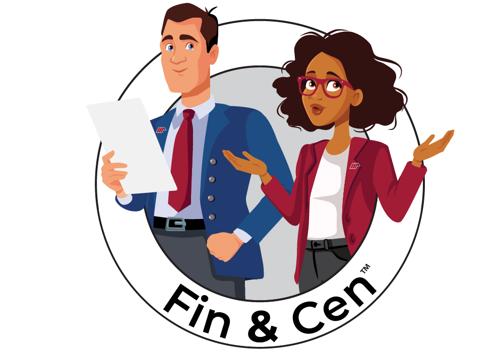Fin & Cen logo with businessman holding a paper and businesswoman gesturing with her hands.