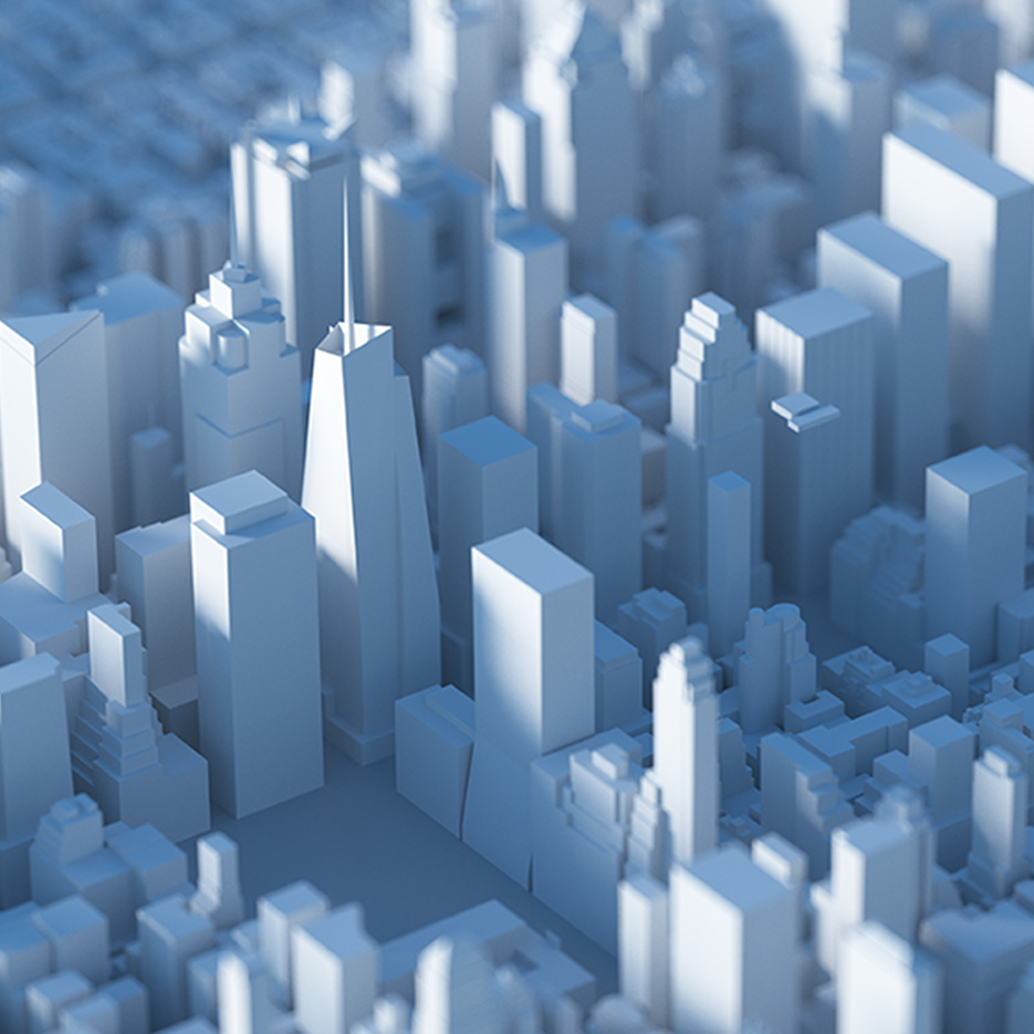 상업 건물의 3-D 모델로 도시의 조밀한 풍경을 만들어 냅니다.