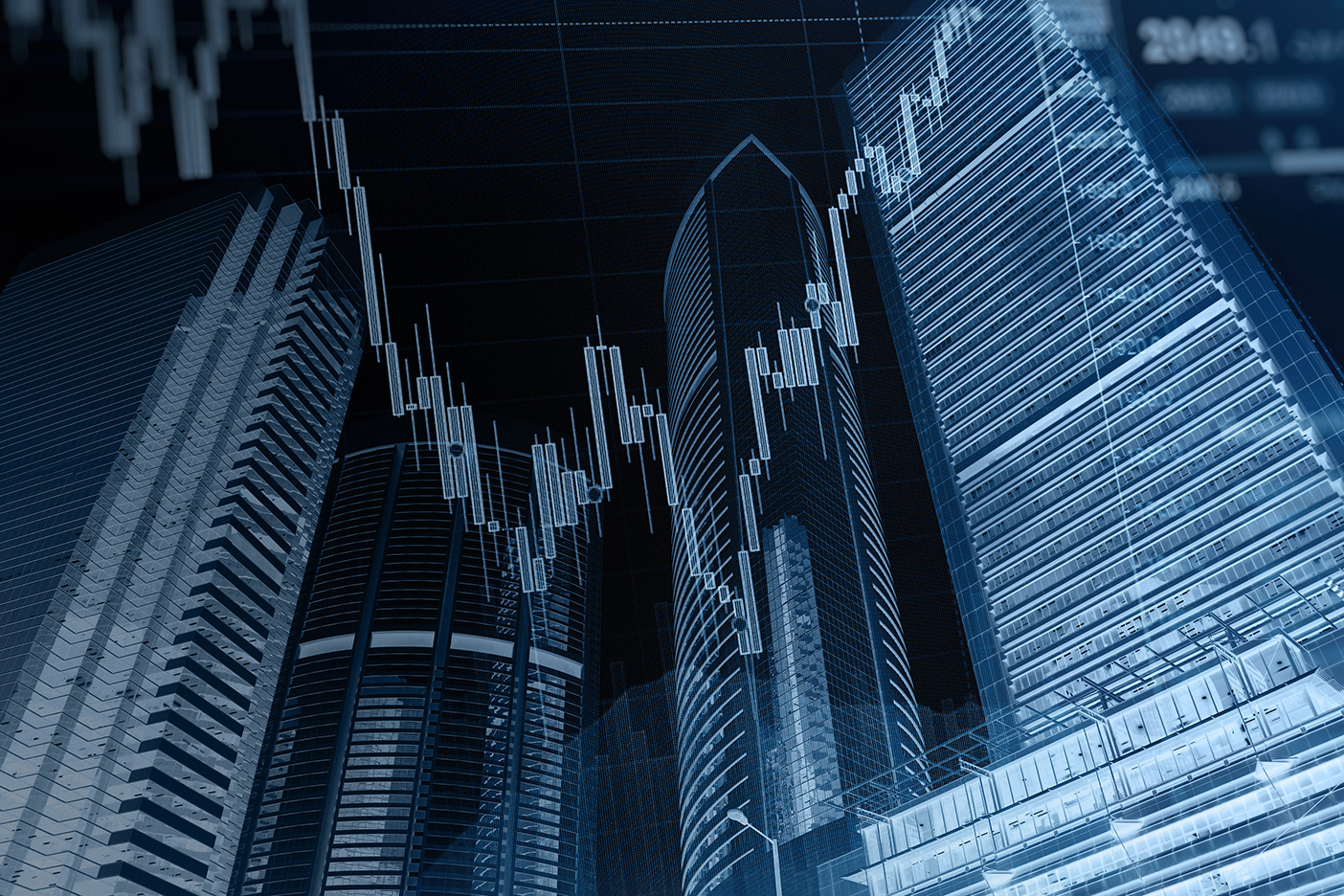 Commercial skyline with graphs has economic undertones