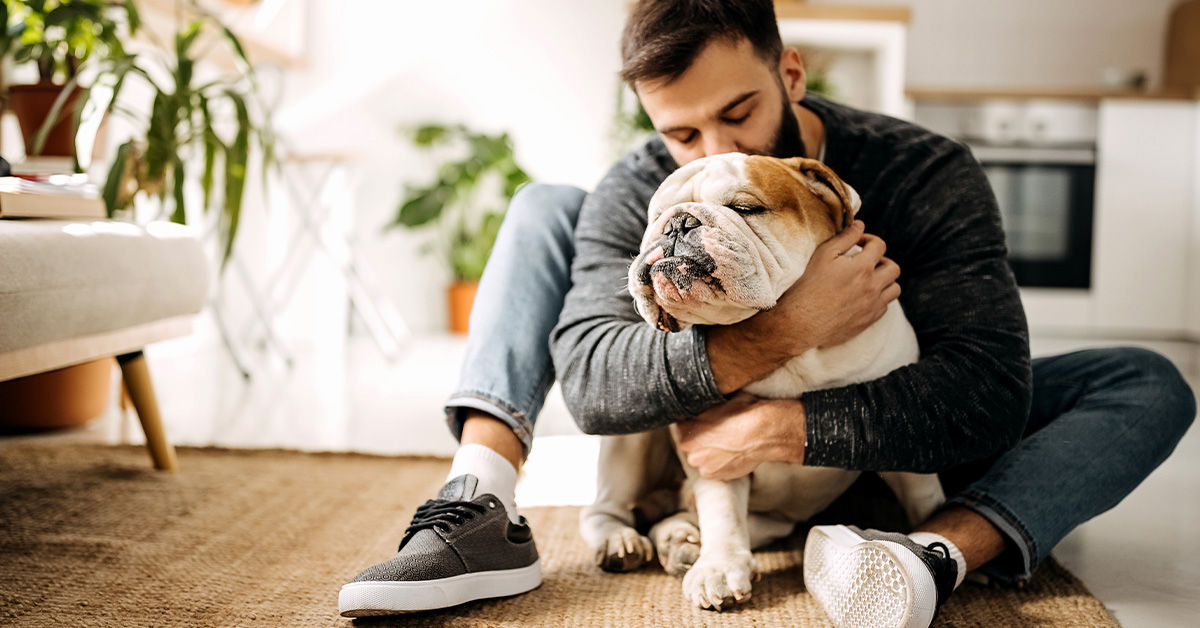 年轻人拥抱一只英国斗牛犬